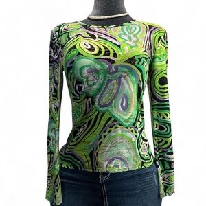 Stylish Green Patterned Long Sleeve Women's Top